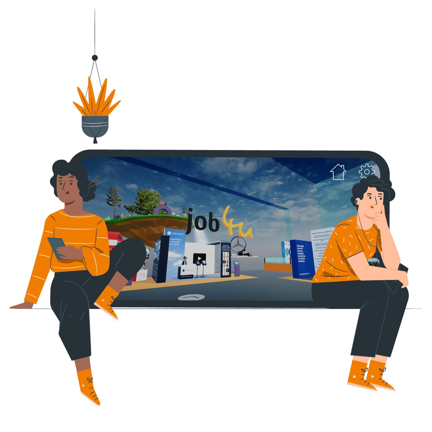 Illustration zweier Menschen, die vor einem Smartphone sitzen, auf dem eine App zu einer virtuellen Messe läuft.