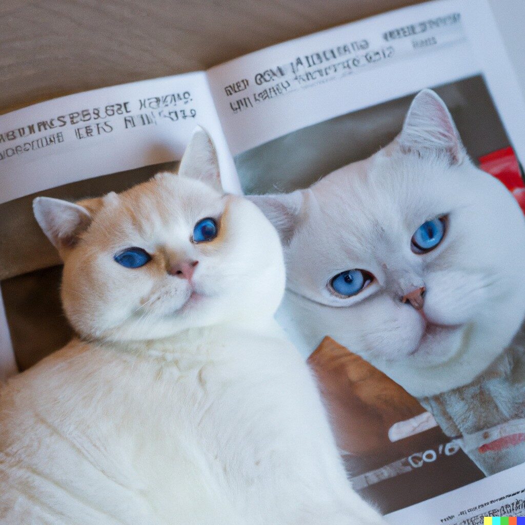 DALL·E 2022-08-24 13.11.48 - Smiling White British Shorthair Cat with blue eyes reading cats magazin arts