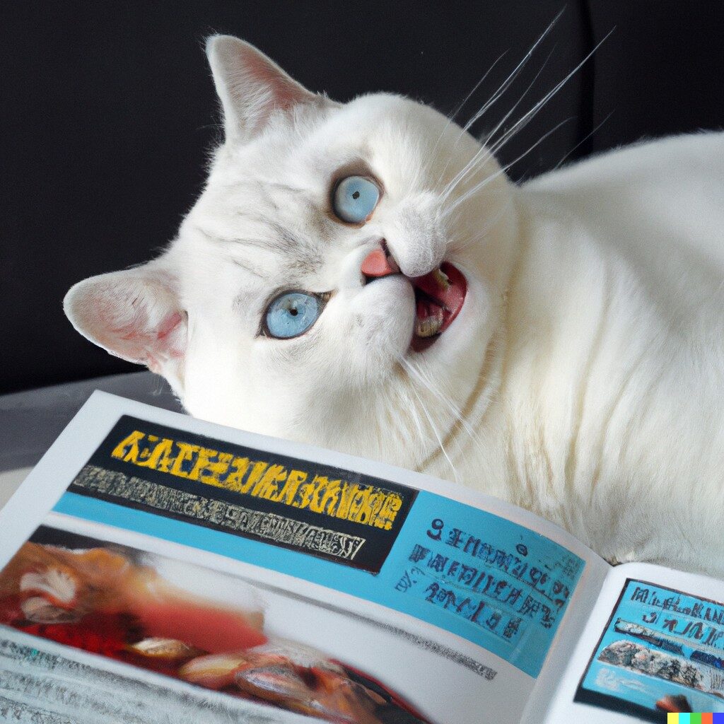 DALL·E 2022-08-24 13.11.53 - Smiling White British Shorthair Cat with blue eyes reading cats magazin arts