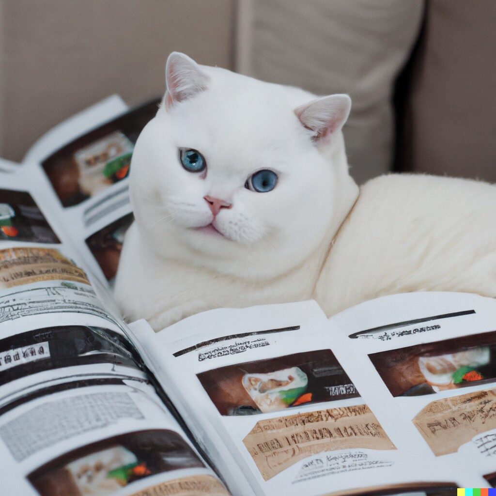 DALL·E 2022-08-24 13.11.58 - Smiling White British Shorthair Cat with blue eyes reading cats magazin arts