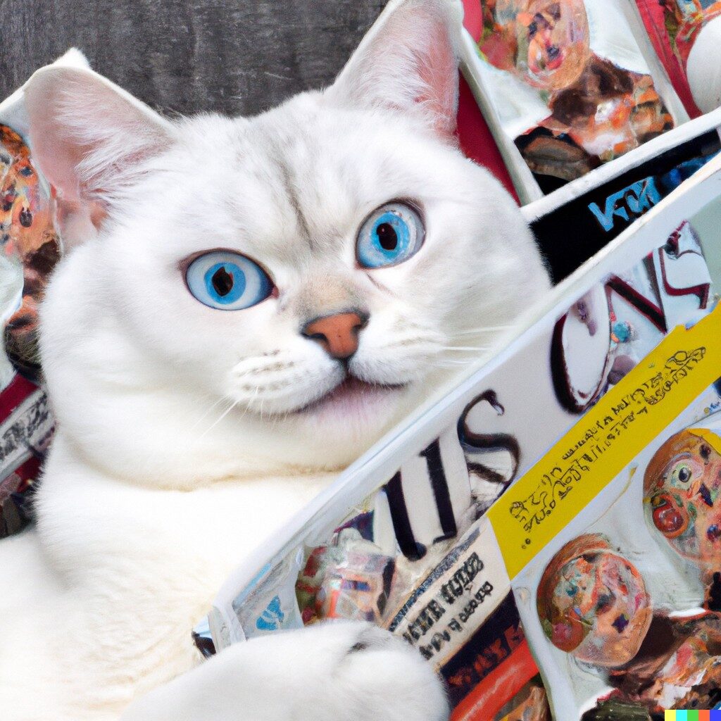 DALL·E 2022-08-24 13.12.06 - Smiling White British Shorthair Cat with blue eyes reading cats magazin arts