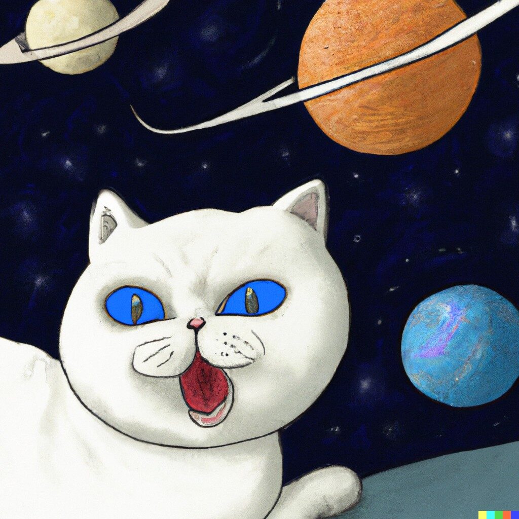 planetmutlu Bremen Agenturkater Yokai DALL·E 2022-08-19 10.23.21 - Smiling White British Shorthair Cat with blue eyes playing with planets in the style of Edvard Munch