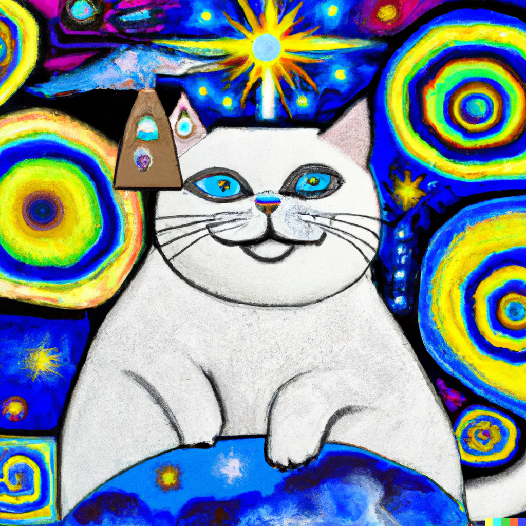 DALL·E 2022-11-17 12.15.41 - Smiling White British Shorthair Cat with blue eyes playing with the galaxy in the style of Hundertwasser