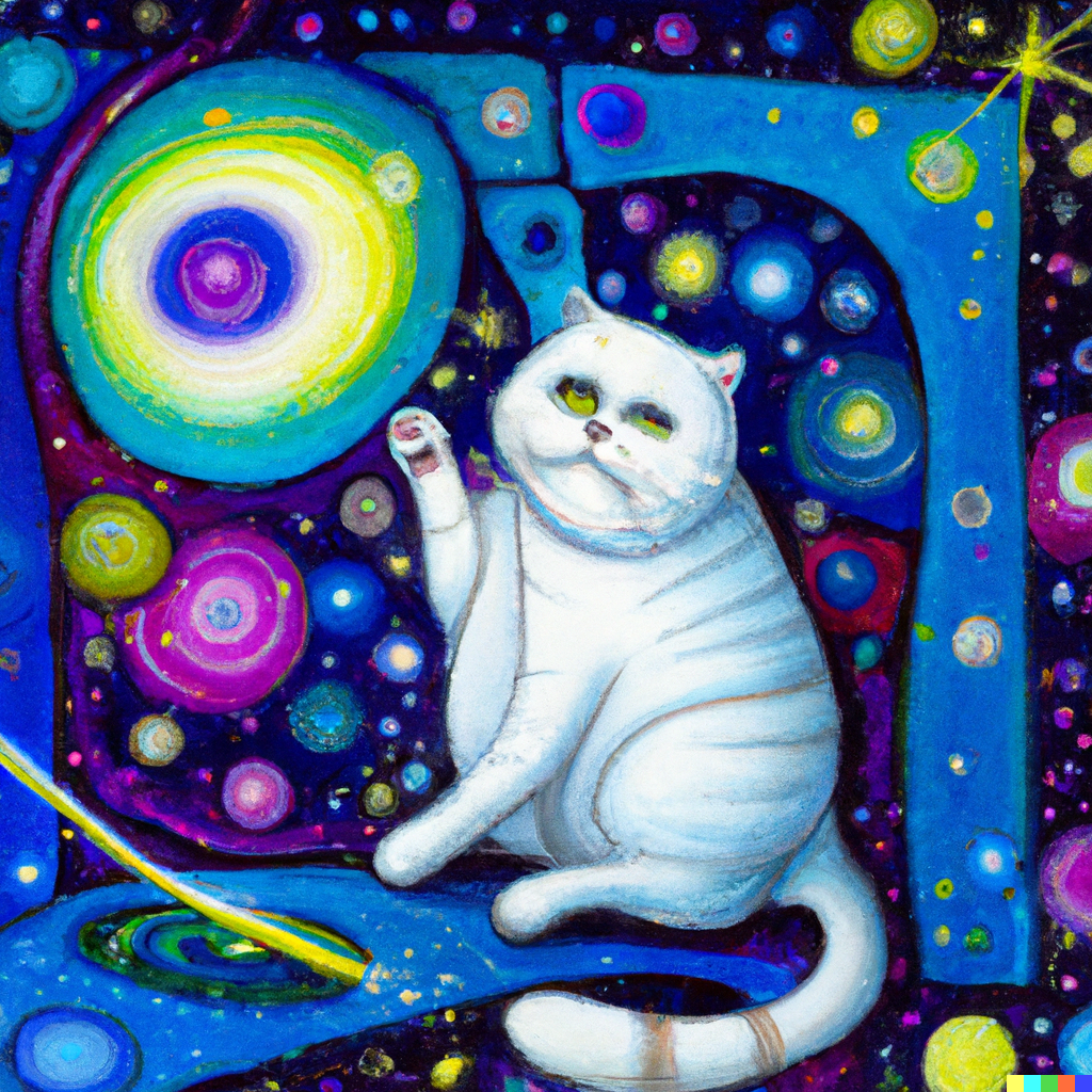 DALL·E 2022-11-17 12.15.44 - Smiling White British Shorthair Cat with blue eyes playing with the galaxy in the style of Hundertwasser