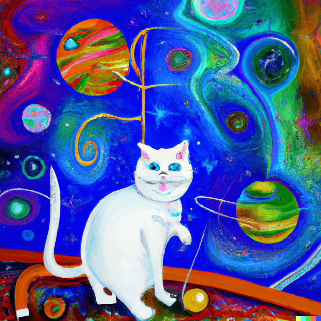 DALL·E 2022-11-17 12.15.47 - Smiling White British Shorthair Cat with blue eyes playing with the galaxy in the style of Hundertwasser