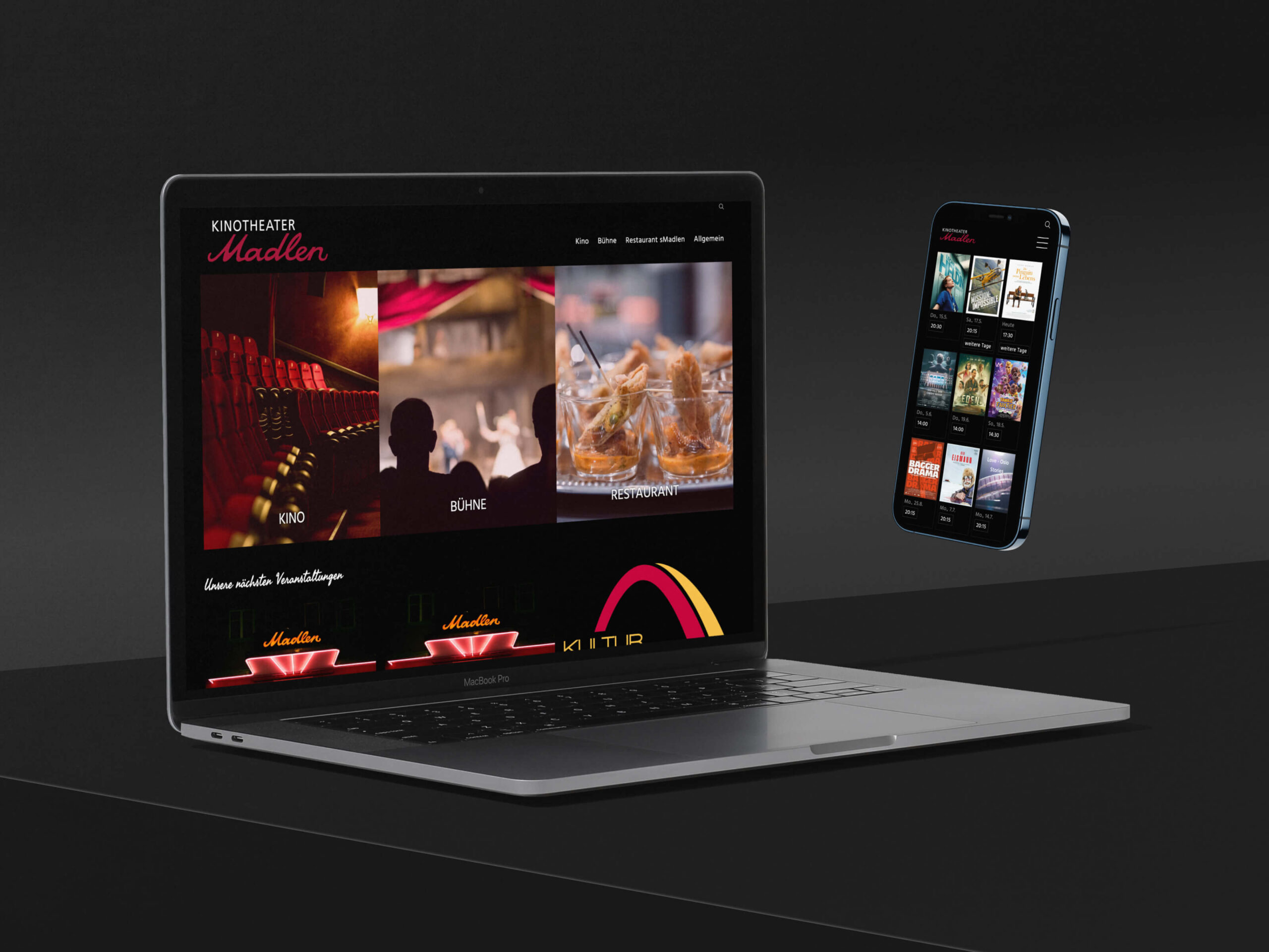 Ein MacBook und ein Smartphone auf denen die Website des Kinotheater Madlen geöffnet ist