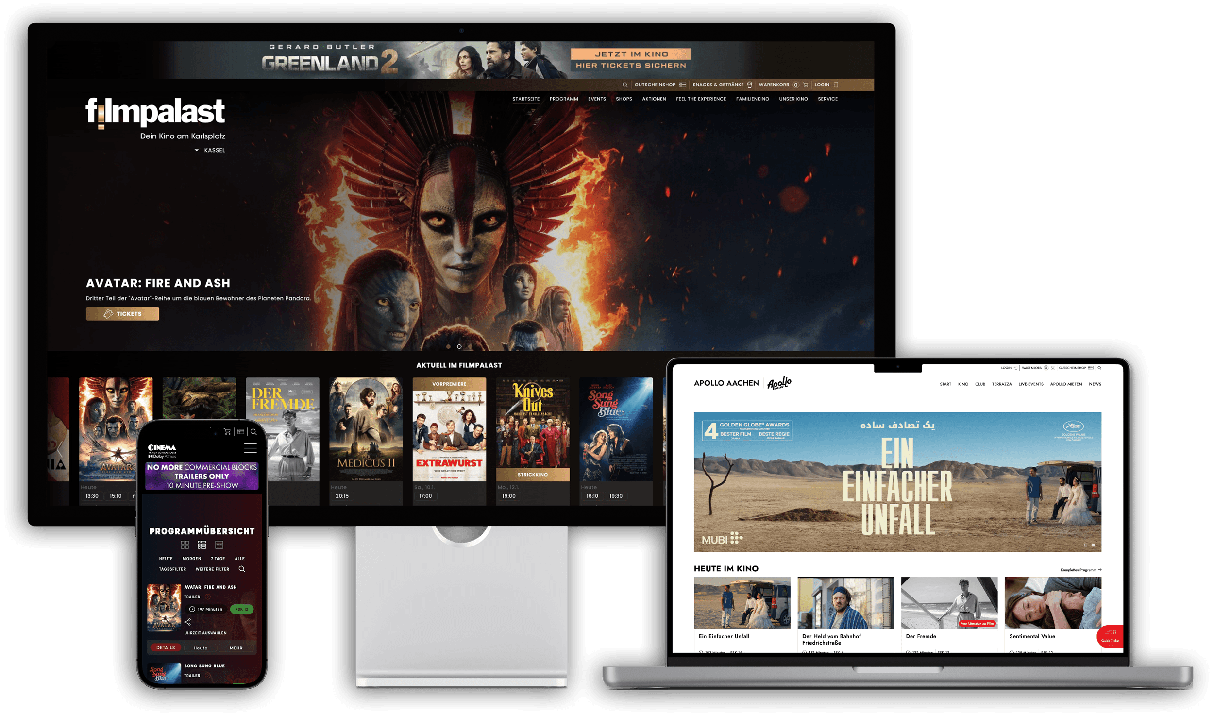 Ansicht einer PMKino-Website auf verschiedenen Geräten